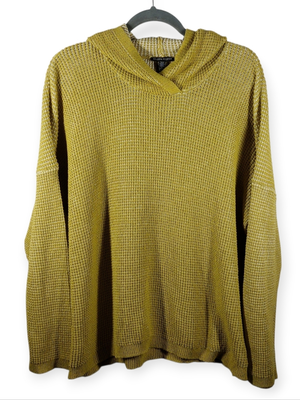 Eileen Fisher Chartreuse Green Waffle Knit Hoodie Pullover Sweater Women's XL